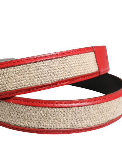 Dolce & Gabbana Men Beige Red Woven Leather Metal Buckle Belt