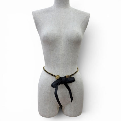 Chanel Vintage CC Logo Chain Leather Ribbon Belt Black Gold