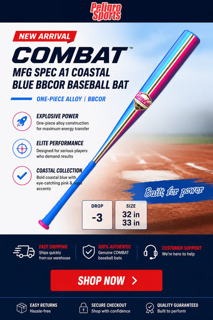 COMBAT MFG Spec A1 Coastal Blue BBCOR Baseball Bat -3 | One-Piece Alloy Baseball Bat | CBB7CSTB3